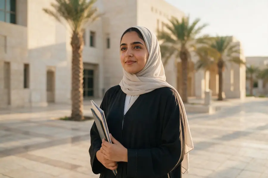 خريجة جامعية تحمل ملف شهاداتها أمام مبنى جامعي في عُمان