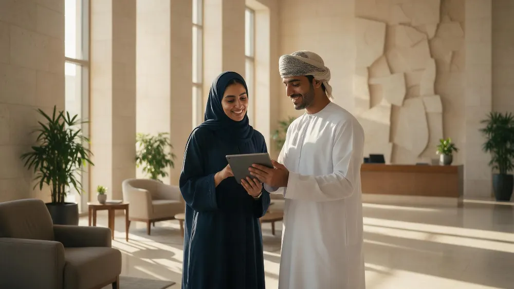 شخصان يطّلعان معًا على فرص عمل على جهاز لوحي داخل مقر عمل حديث في مسقط